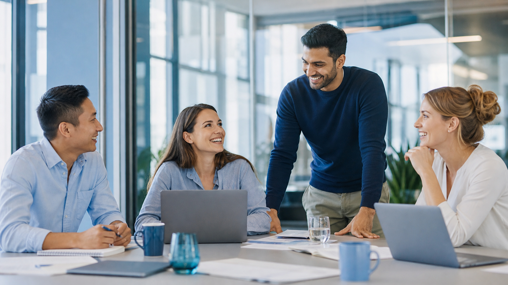 Happy founders and advisors in a collaborative strategy meeting