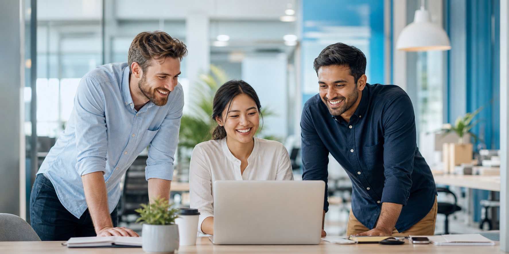 Smiling startup founders working together in a bright modern office
